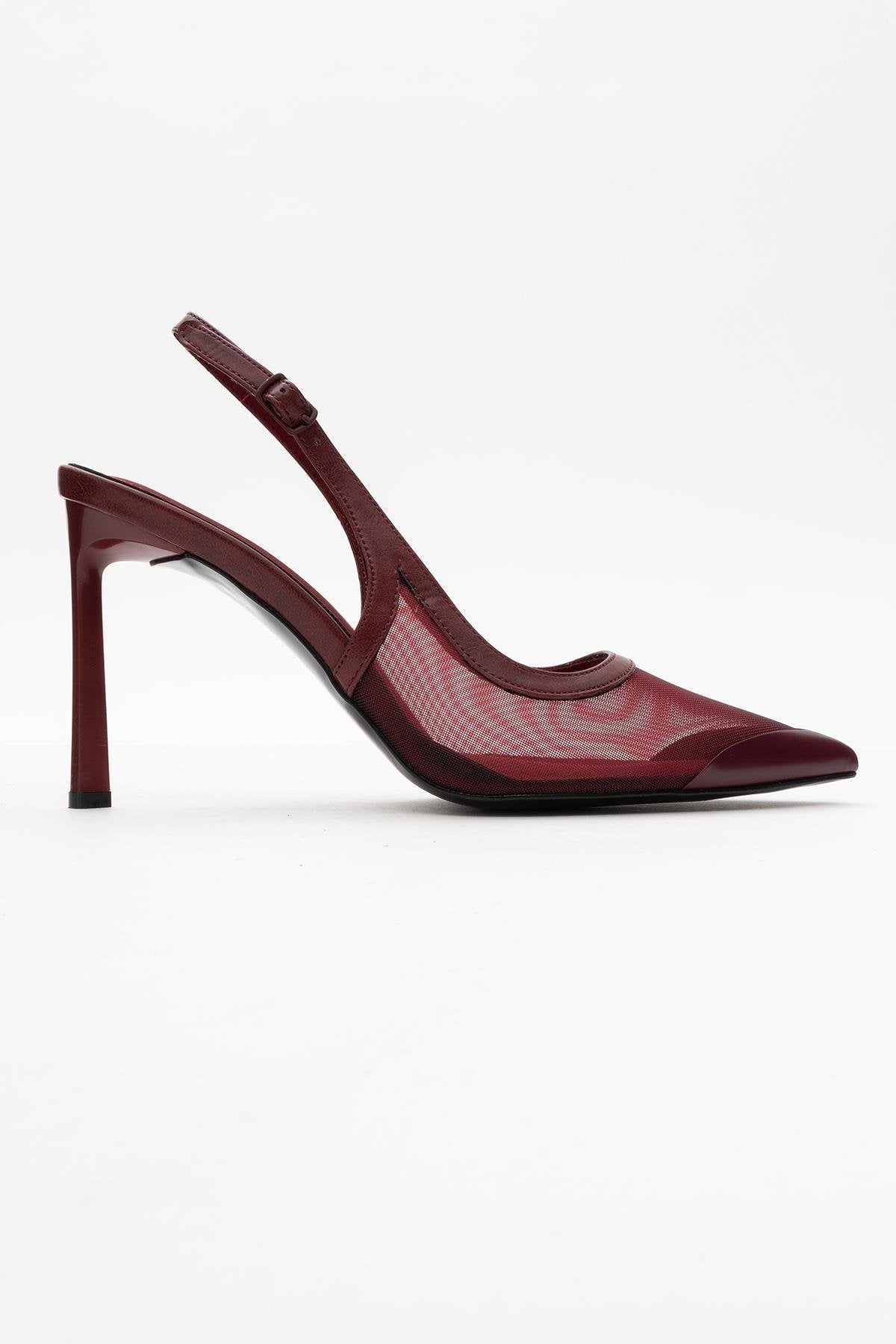 Venas - Burgundy Mesh High Heel Shoe – top view showing leather, mesh, Vowalisse