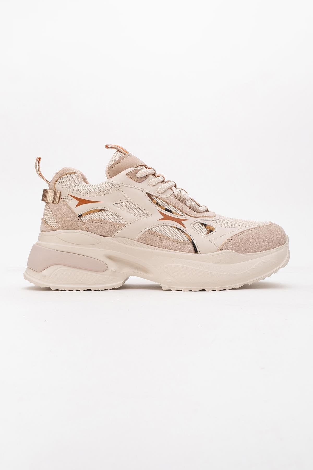 Marron - Beige Patterned Sneaker – top view showing leather, Vowalisse