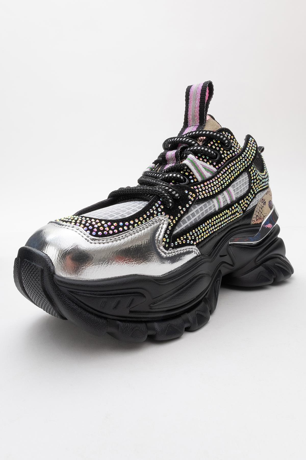Noi - Black Silver Sneaker – back view showing leather, black, silver, Vowalisse