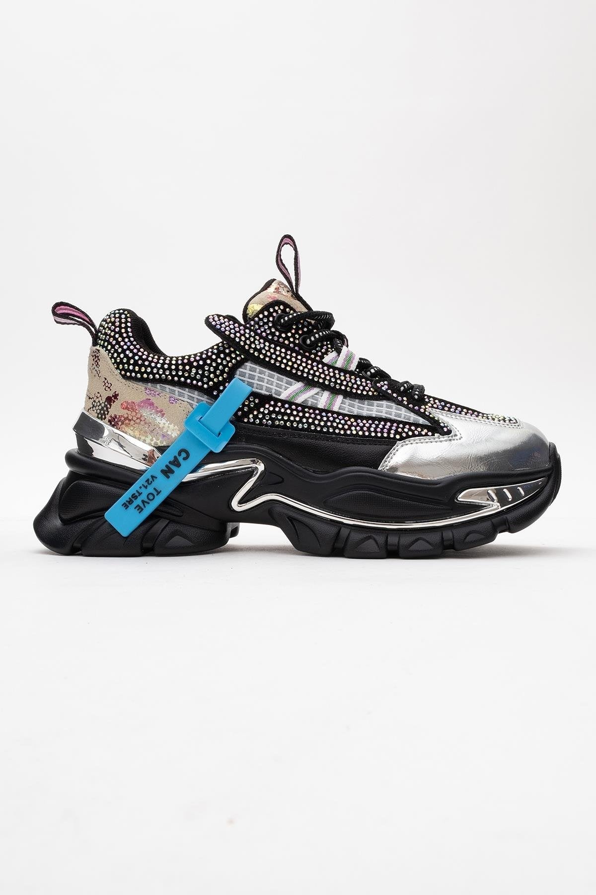 Noi - Black Silver Sneaker – top view showing leather, black, silver, Vowalisse