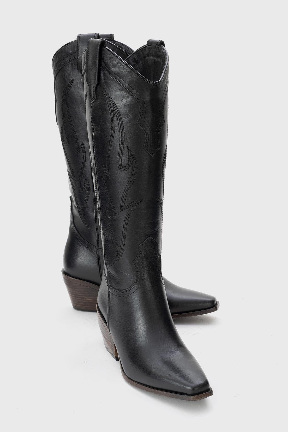 Pietro - Black Genuine Leather Western Boot – front three-quarter view showing leather, black, Vowalisse