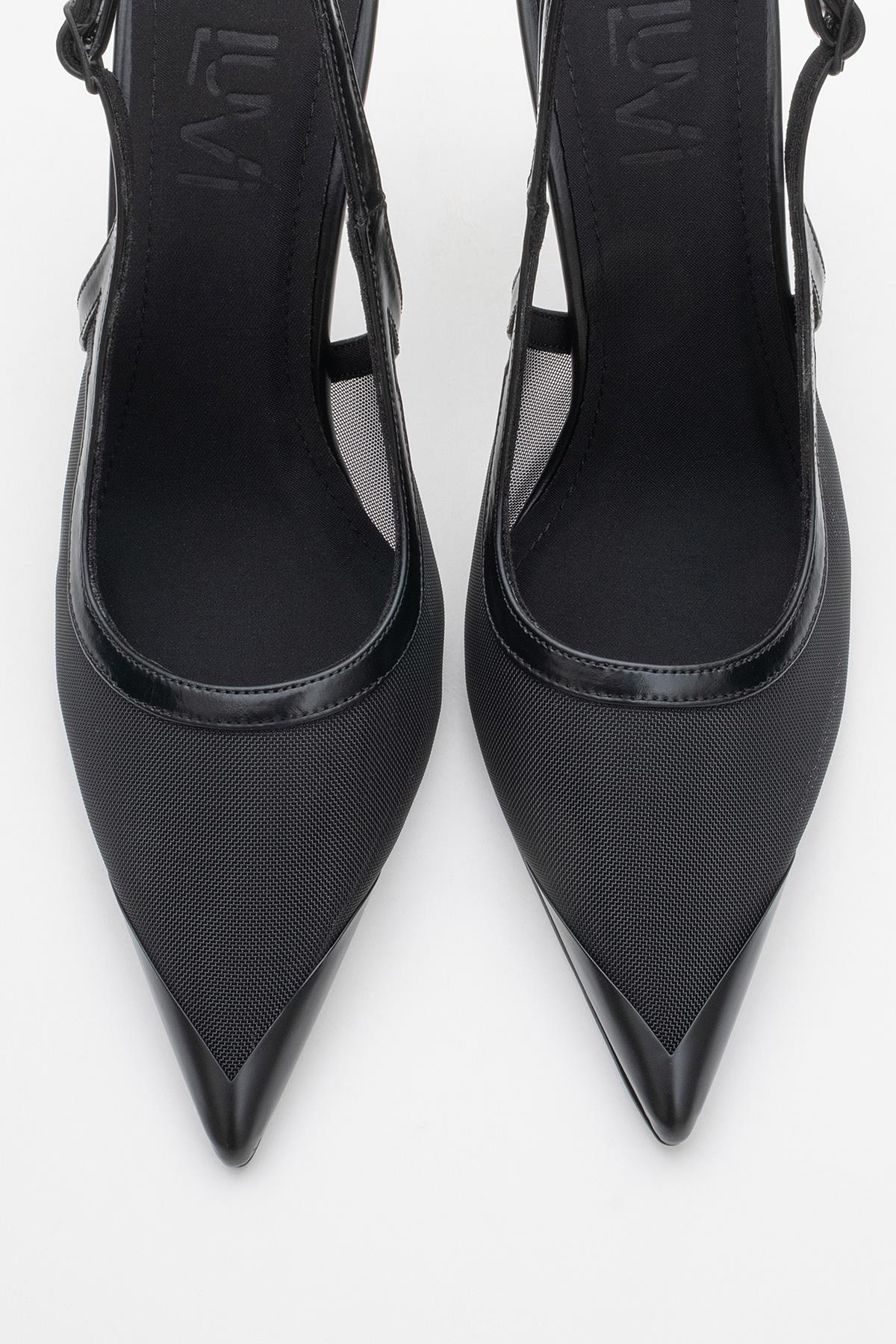 Venas - Black Mesh Slingback Stiletto – side view showing leather, mesh, black, Vowalisse