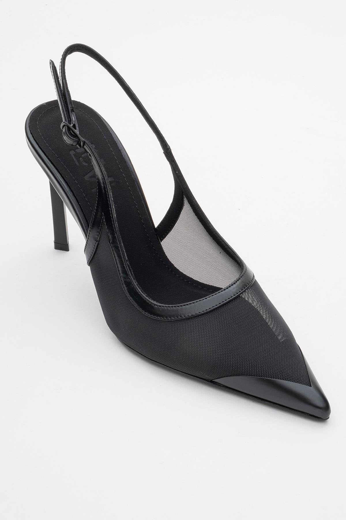 Venas - Black Mesh Slingback Stiletto – detail view showing leather, mesh, black, Vowalisse