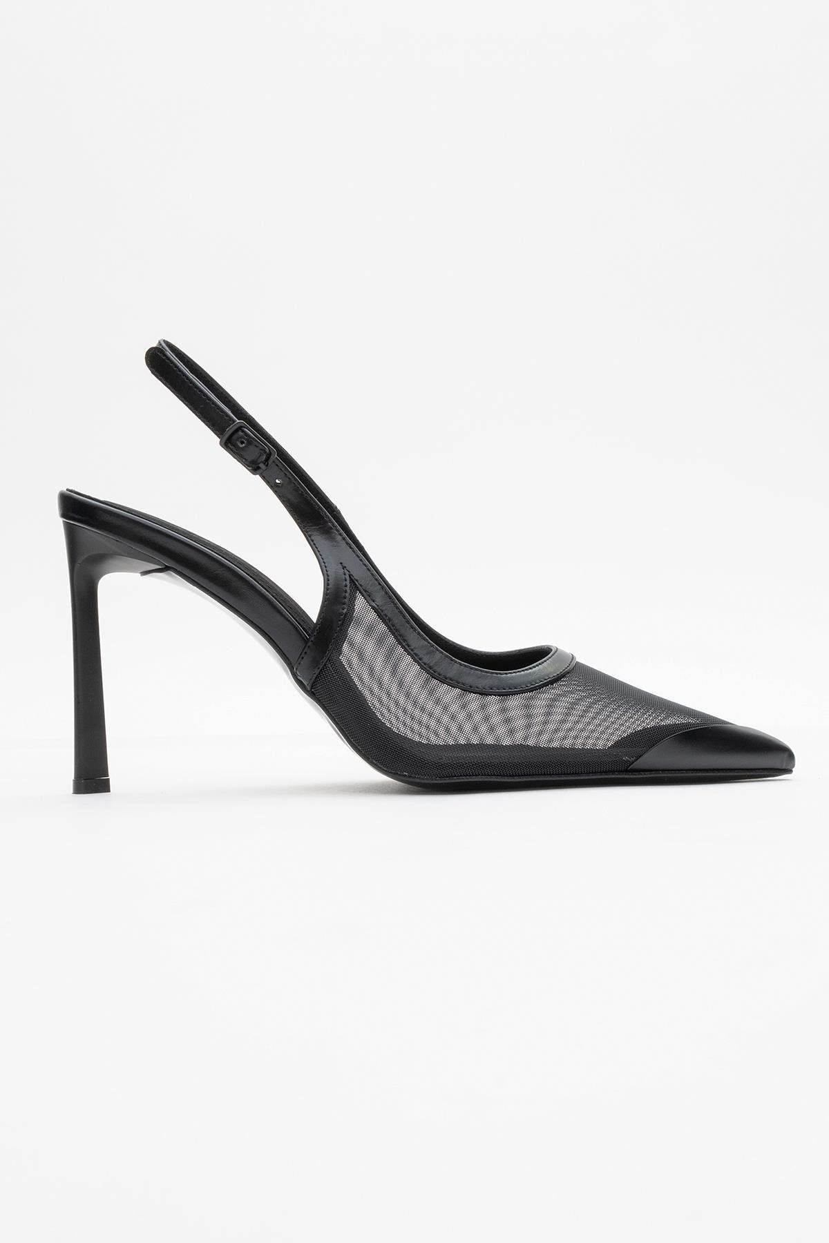 Venas - Black Mesh Slingback Stiletto – top view showing leather, mesh, black, Vowalisse