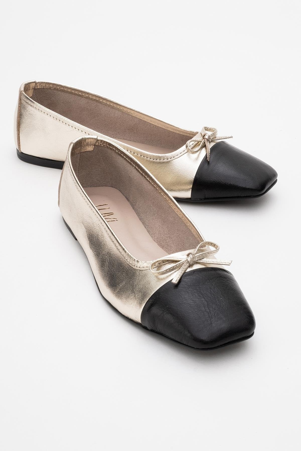 Romy - Gold-Black Genuine Leather Square Toe Bow Ballet Flat – front three-quarter view showing bow, leather, black…