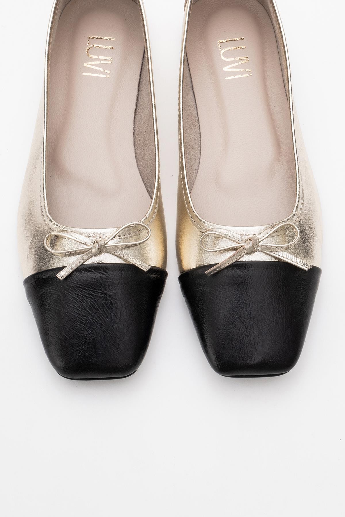 Romy - Gold-Black Genuine Leather Square Toe Bow Ballet Flat – side view showing bow, leather, black, Vowalisse