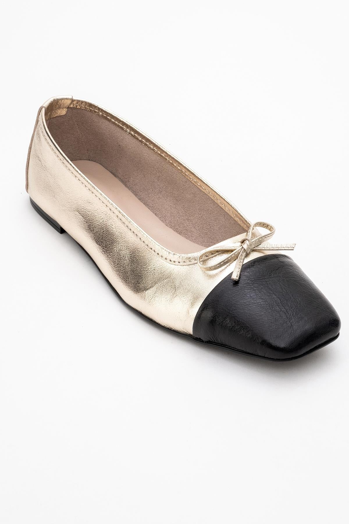 Romy - Gold-Black Genuine Leather Square Toe Bow Ballet Flat – detail view showing bow, leather, black, Vowalisse