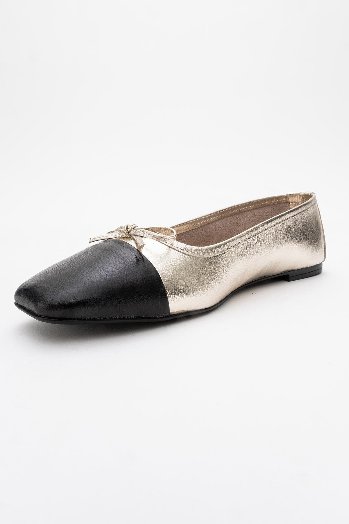Romy - Gold-Black Genuine Leather Square Toe Bow Ballet Flat – heel view showing bow, leather, black, Vowalisse