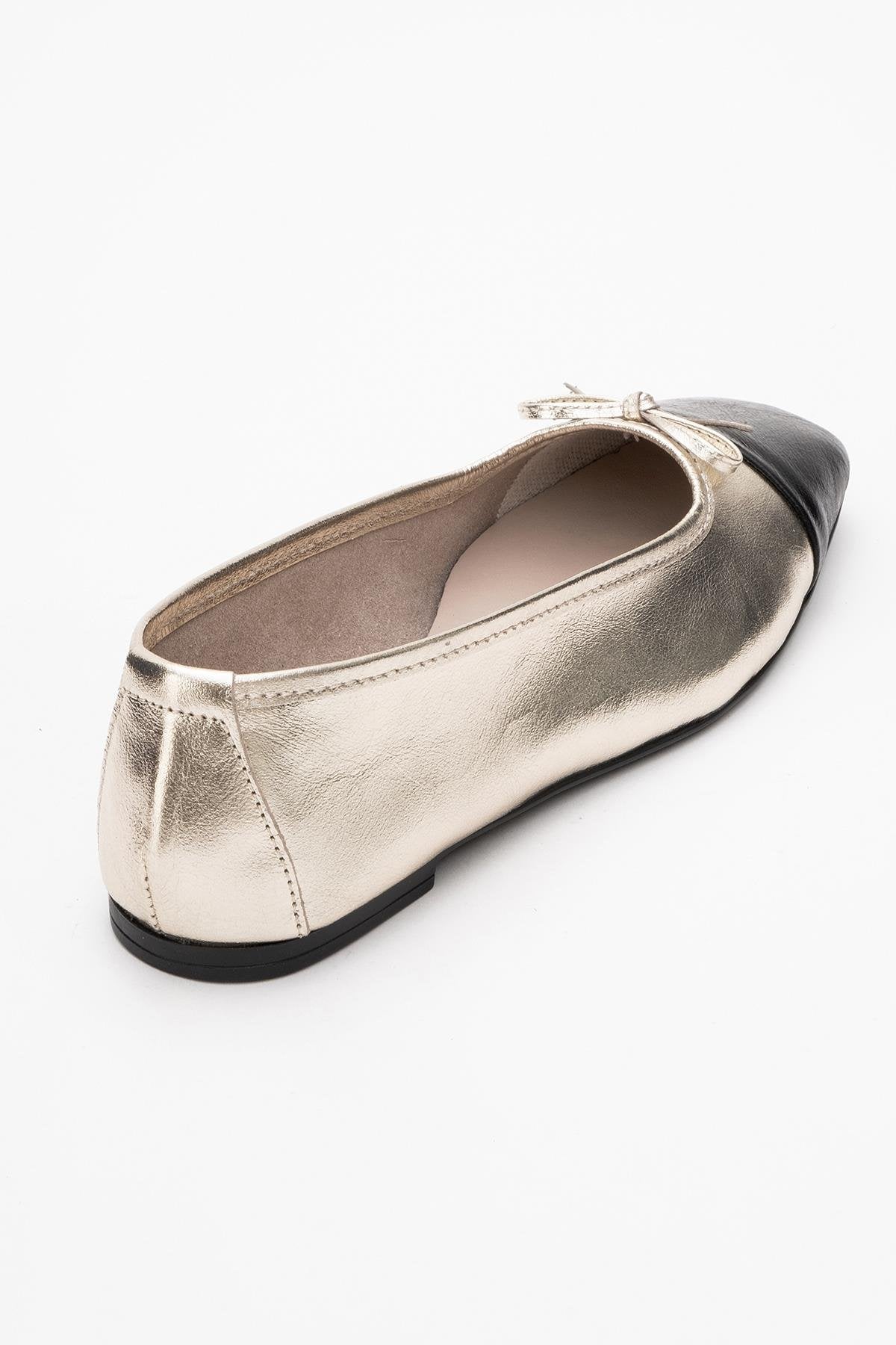 Romy - Gold-Black Genuine Leather Square Toe Bow Ballet Flat – back view showing bow, leather, black, Vowalisse