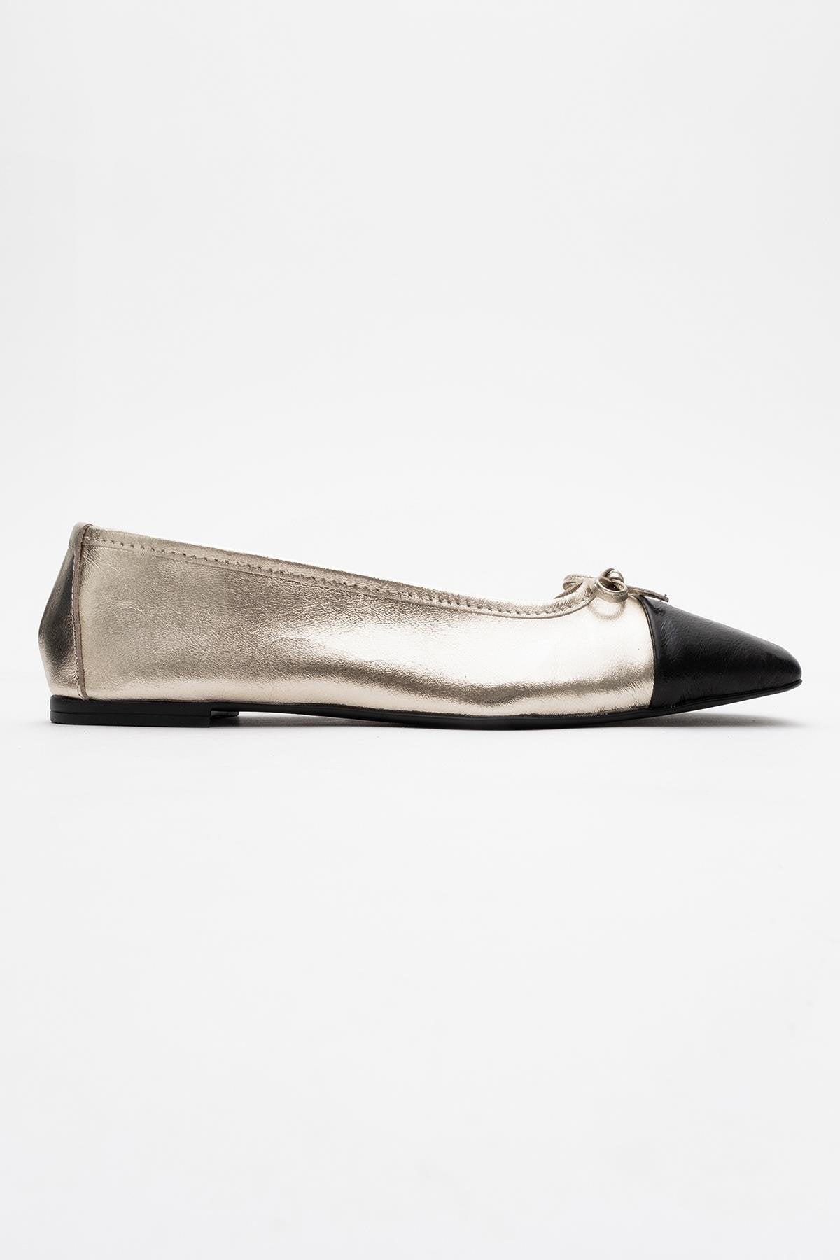 Romy - Gold-Black Genuine Leather Square Toe Bow Ballet Flat – top view showing bow, leather, black, Vowalisse