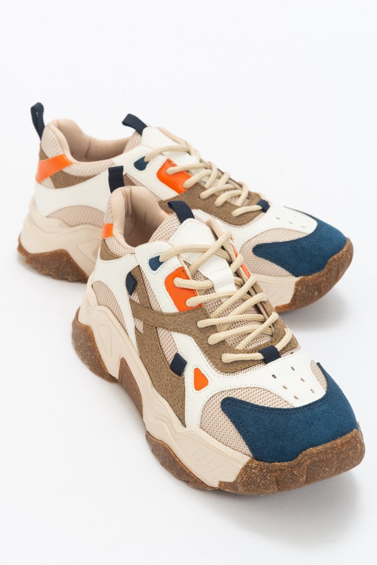 Loretta - Navy Multi Sneaker – front three-quarter view showing leather, Vowalisse