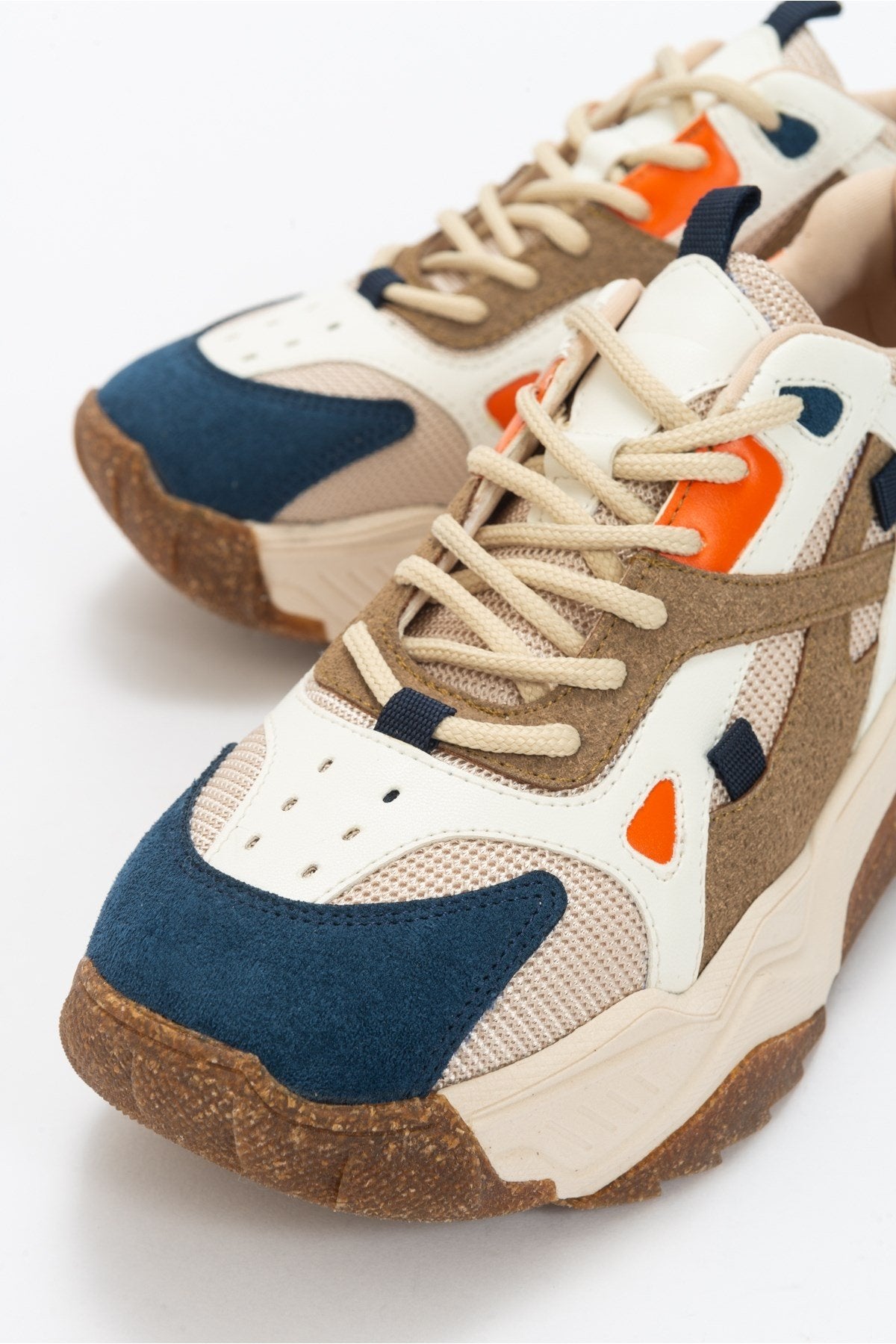 Loretta - Navy Multi Sneaker – detail view showing leather, Vowalisse
