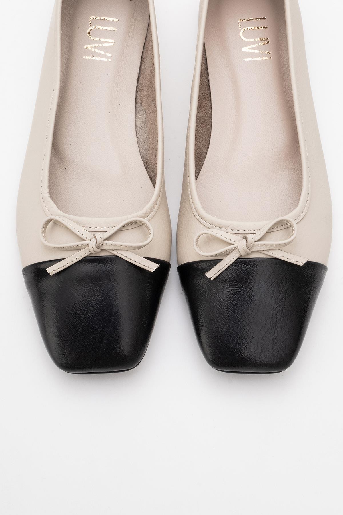 Romy - Off-White-Black Genuine Leather Square Toe Bow Ballet Flat – side view showing bow, leather, white, Vowalisse