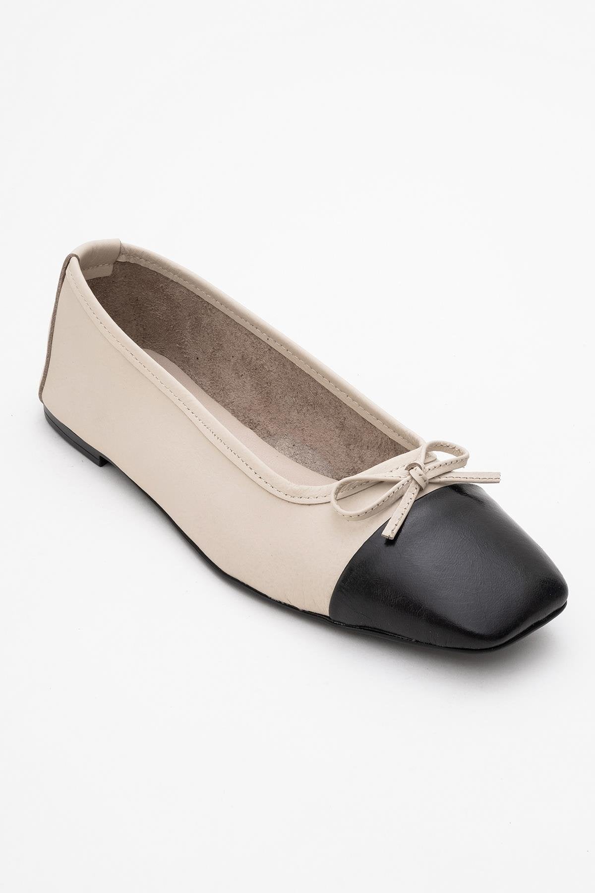 Romy - Off-White-Black Genuine Leather Square Toe Bow Ballet Flat – detail view showing bow, leather, white, Vowalisse
