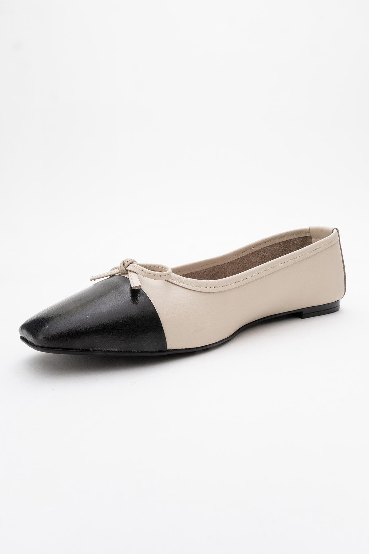Romy - Off-White-Black Genuine Leather Square Toe Bow Ballet Flat – heel view showing bow, leather, white, Vowalisse