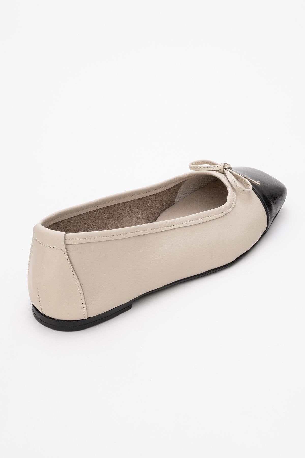 Romy - Off-White-Black Genuine Leather Square Toe Bow Ballet Flat – back view showing bow, leather, white, Vowalisse