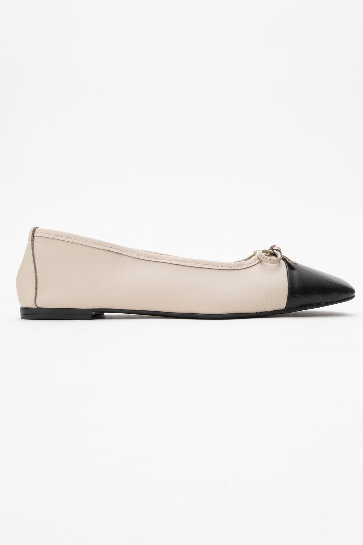 Romy - Off-White-Black Genuine Leather Square Toe Bow Ballet Flat – top view showing bow, leather, white, Vowalisse