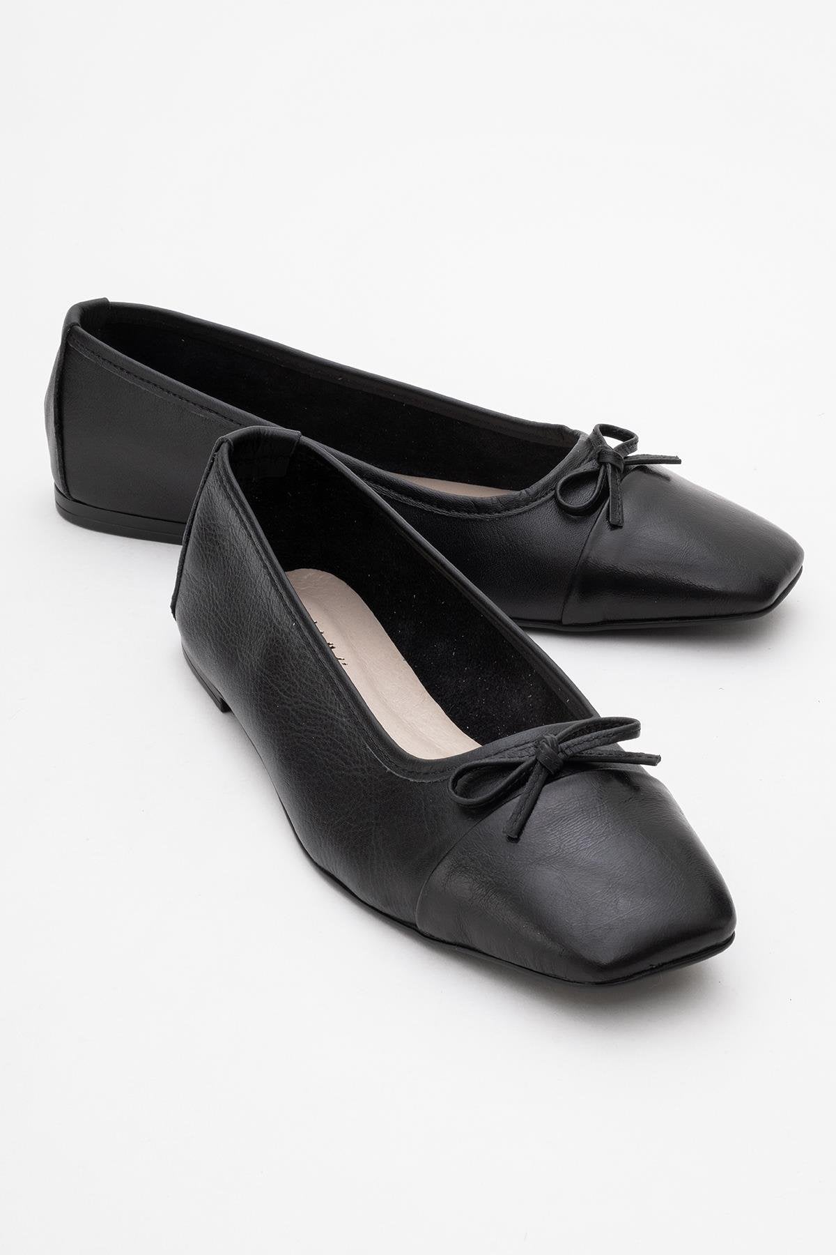 Romy - Black Genuine Leather Square-Toe Bow Ballet Flat – front three-quarter view showing bow, leather, black, Vowalisse