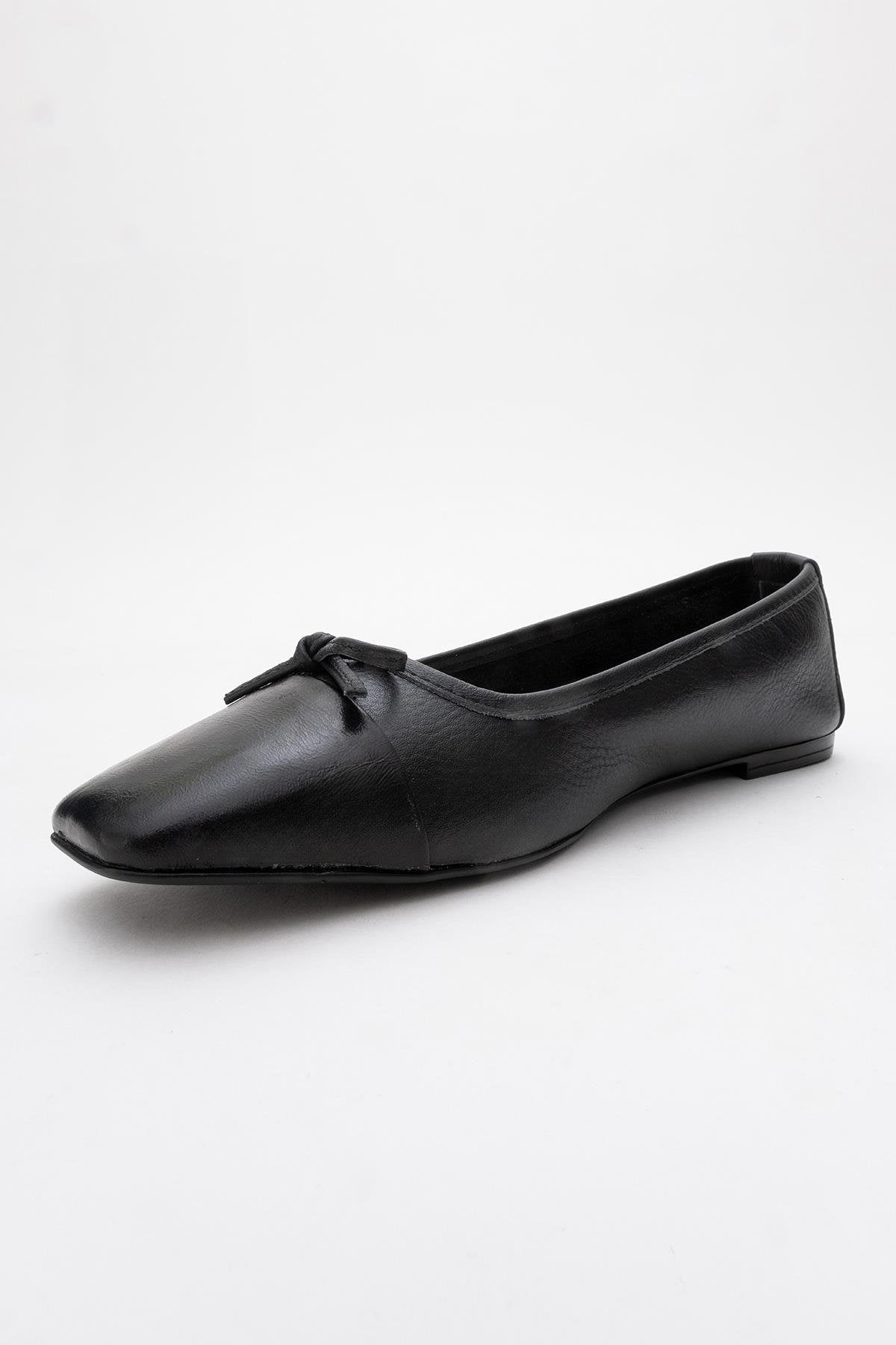 Romy - Black Genuine Leather Square-Toe Bow Ballet Flat – heel view showing bow, leather, black, Vowalisse