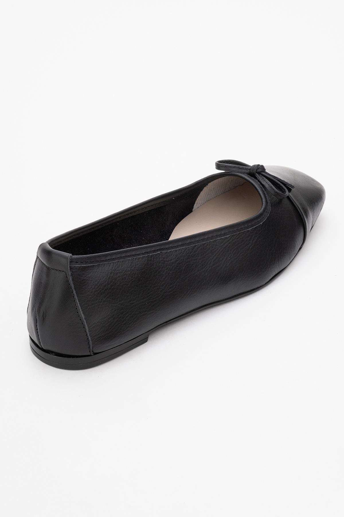 Romy - Black Genuine Leather Square-Toe Bow Ballet Flat – back view showing bow, leather, black, Vowalisse