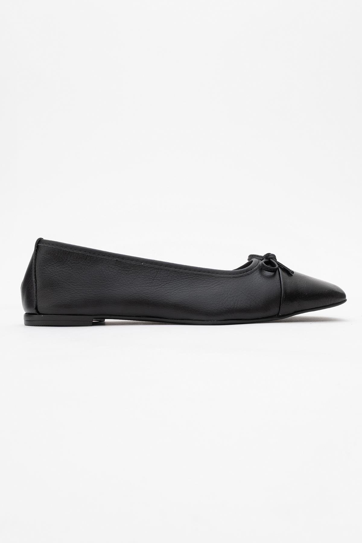 Romy - Black Genuine Leather Square-Toe Bow Ballet Flat – top view showing bow, leather, black, Vowalisse
