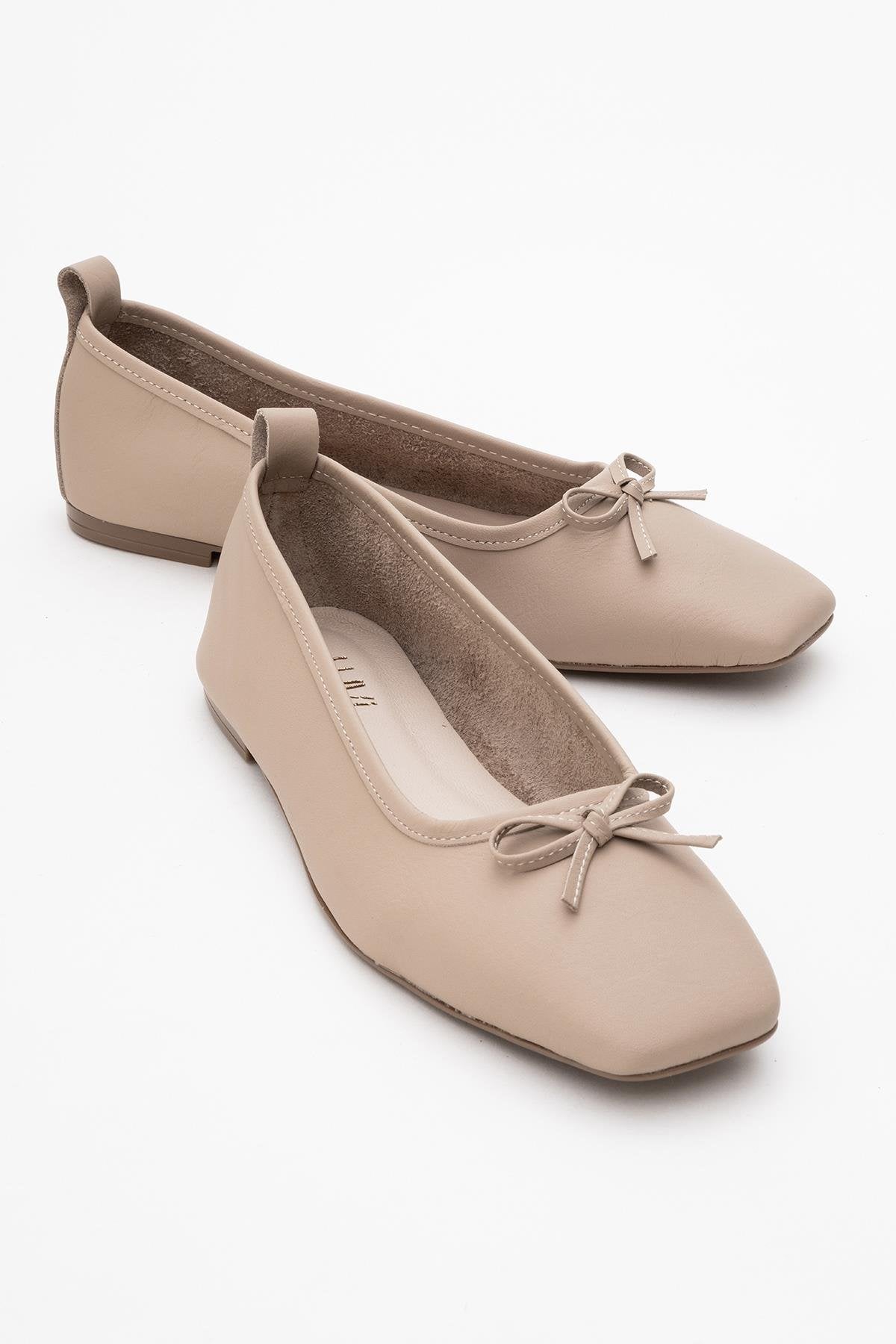 Sosa - Beige Genuine Leather Square-Toe Bow Ballet Flat – front three-quarter view showing bow, leather, Vowalisse