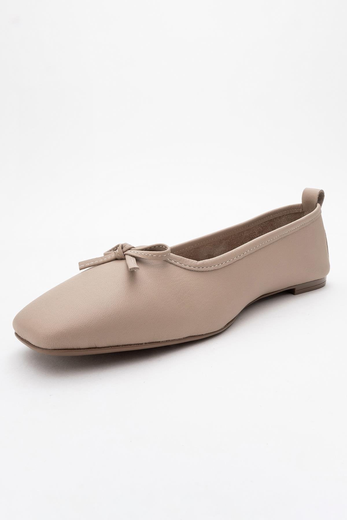 Sosa - Beige Genuine Leather Square-Toe Bow Ballet Flat – heel view showing bow, leather, Vowalisse