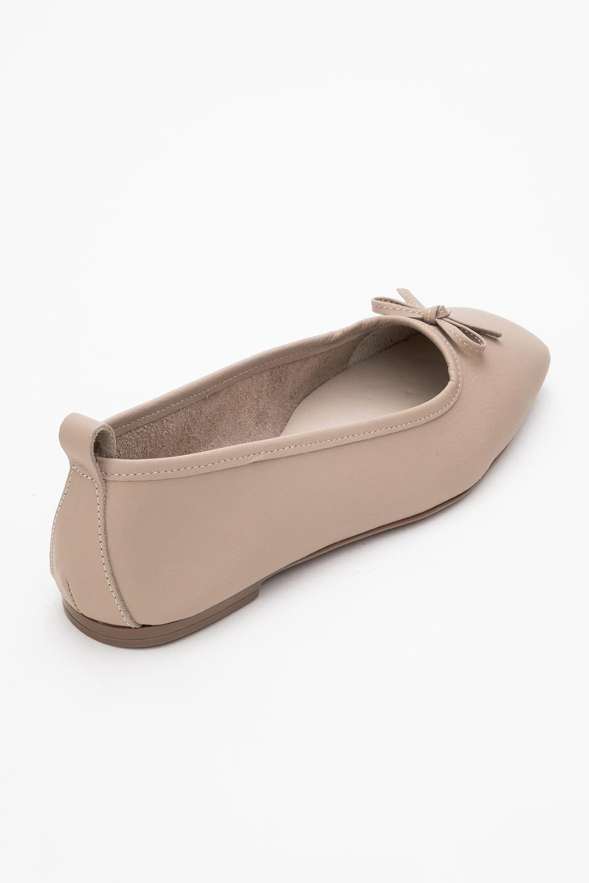 Sosa - Beige Genuine Leather Square-Toe Bow Ballet Flat – back view showing bow, leather, Vowalisse
