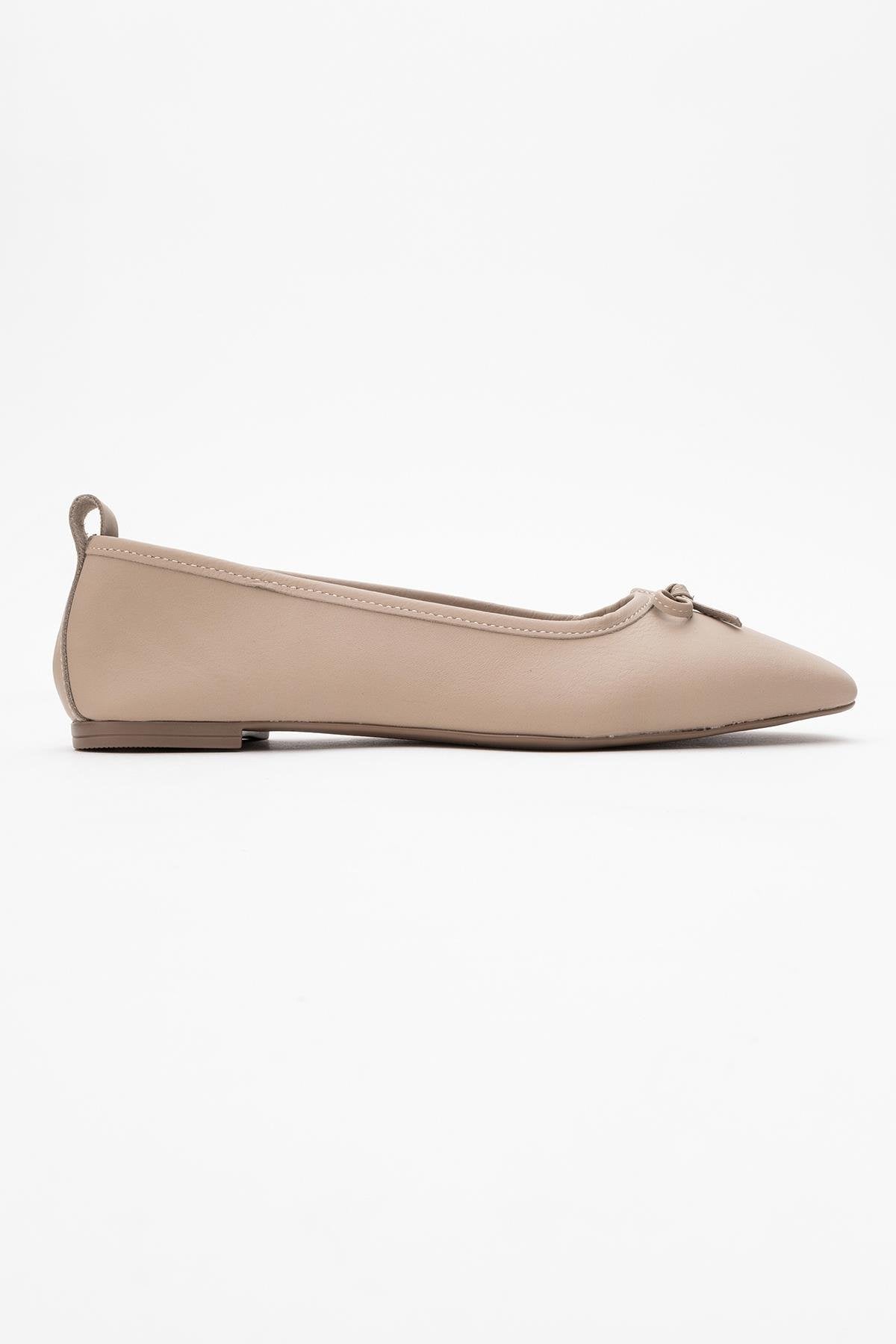 Sosa - Beige Genuine Leather Square-Toe Bow Ballet Flat – top view showing bow, leather, Vowalisse