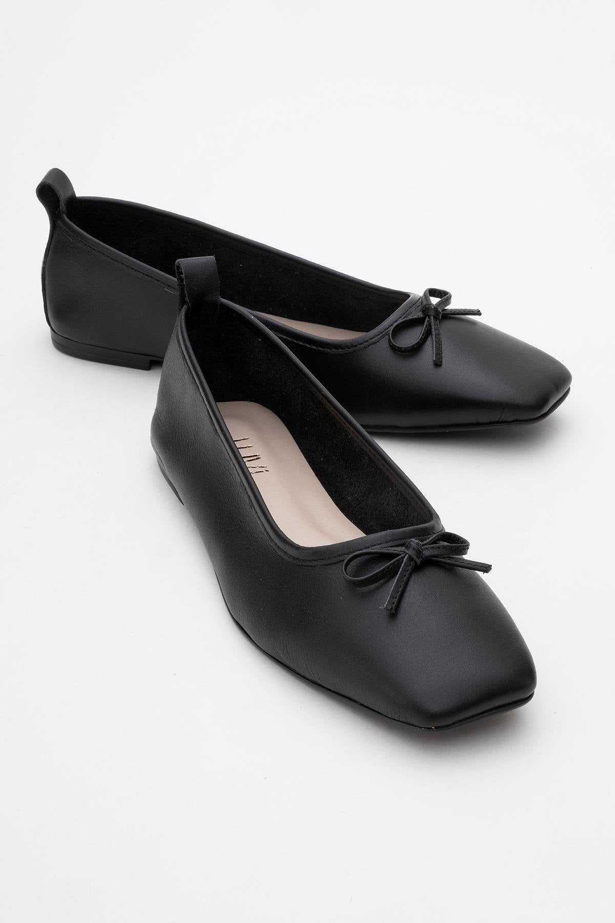 Sosa - Black Genuine Leather Square-Toe Bow Ballet Flat – front three-quarter view showing bow, leather, black, Vowalisse