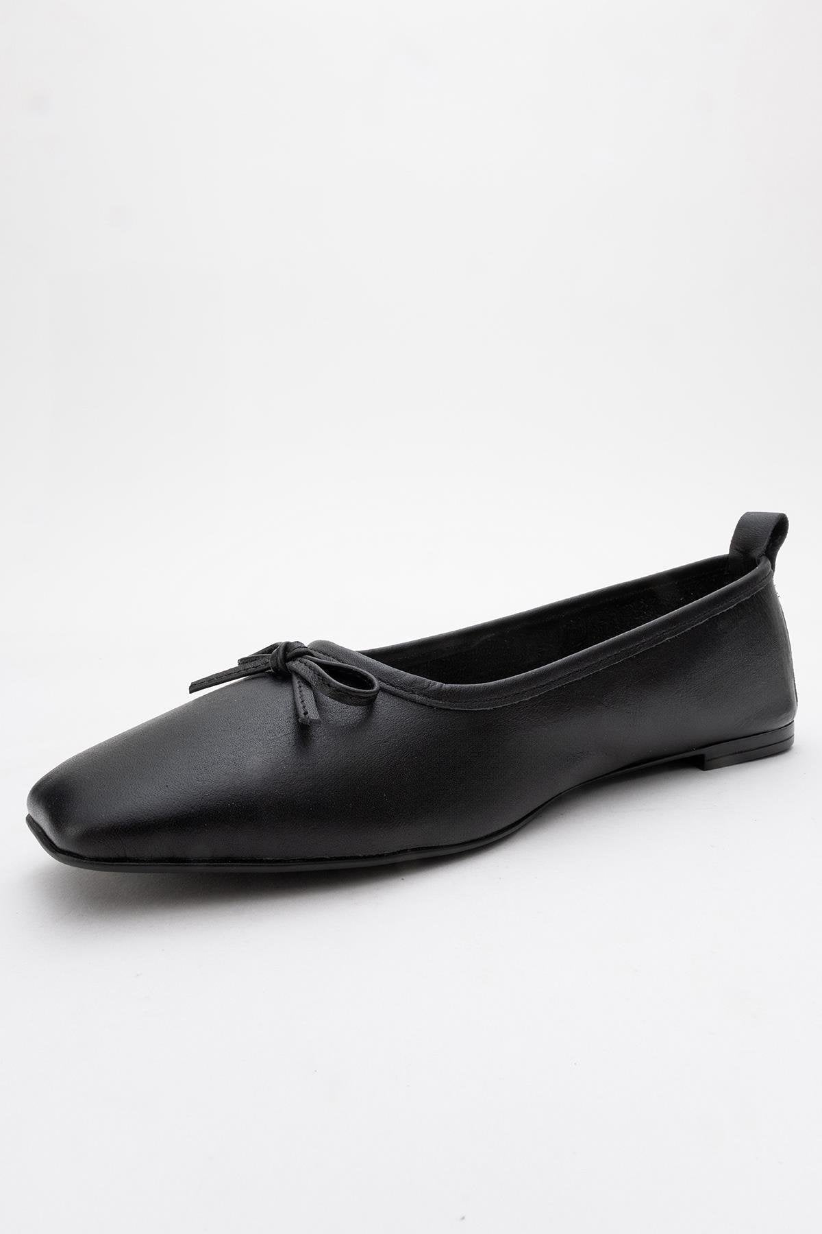 Sosa - Black Genuine Leather Square-Toe Bow Ballet Flat – heel view showing bow, leather, black, Vowalisse