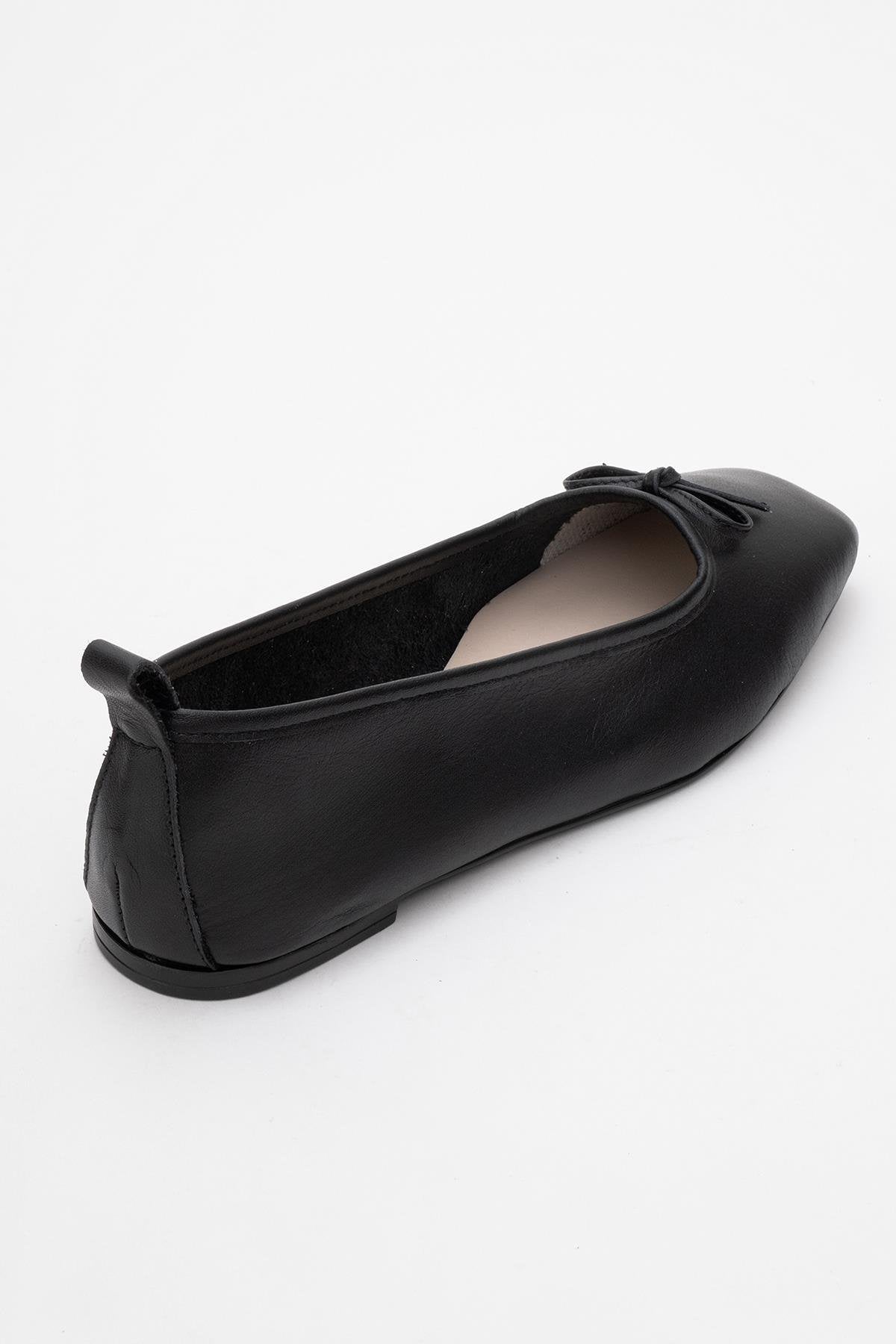 Sosa - Black Genuine Leather Square-Toe Bow Ballet Flat – back view showing bow, leather, black, Vowalisse