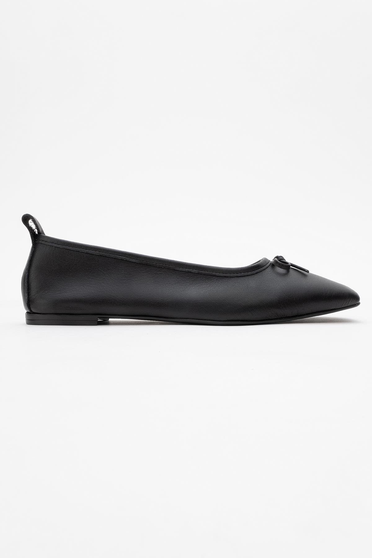 Sosa - Black Genuine Leather Square-Toe Bow Ballet Flat – top view showing bow, leather, black, Vowalisse