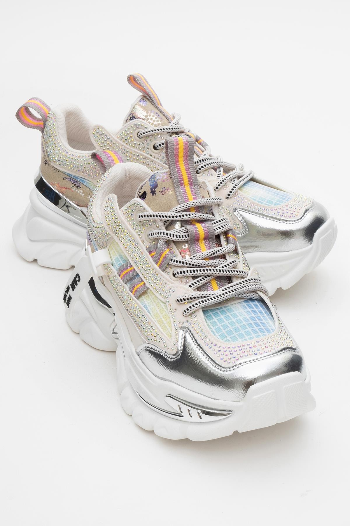 Noi - White/Silver Embellished Sneaker – front three-quarter view showing leather, white, silver, Vowalisse