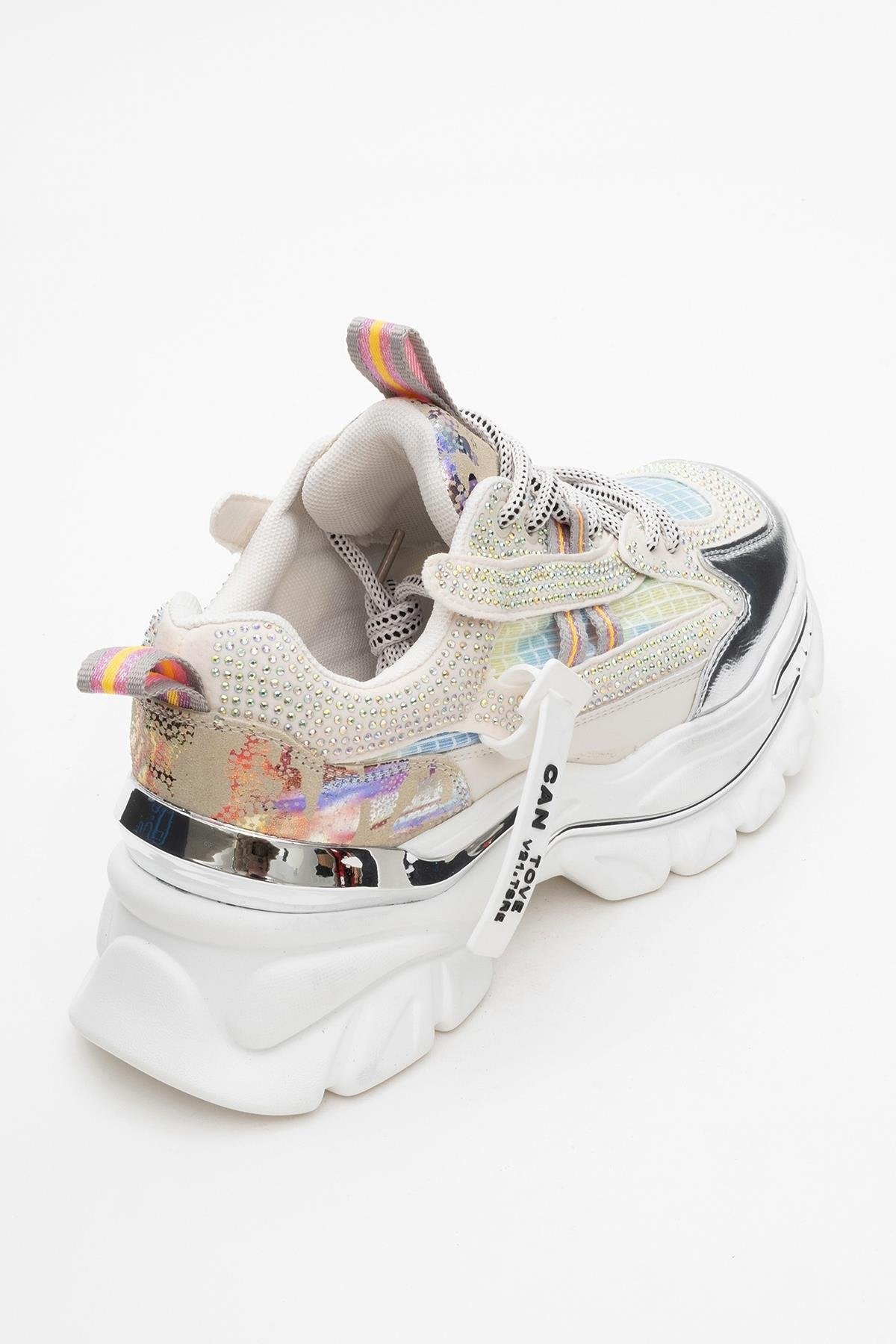 Noi - White/Silver Embellished Sneaker – back view showing leather, white, silver, Vowalisse