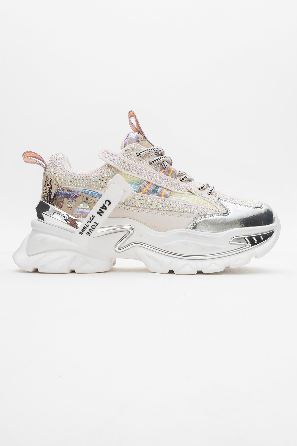 Noi - White/Silver Embellished Sneaker – top view showing leather, white, silver, Vowalisse
