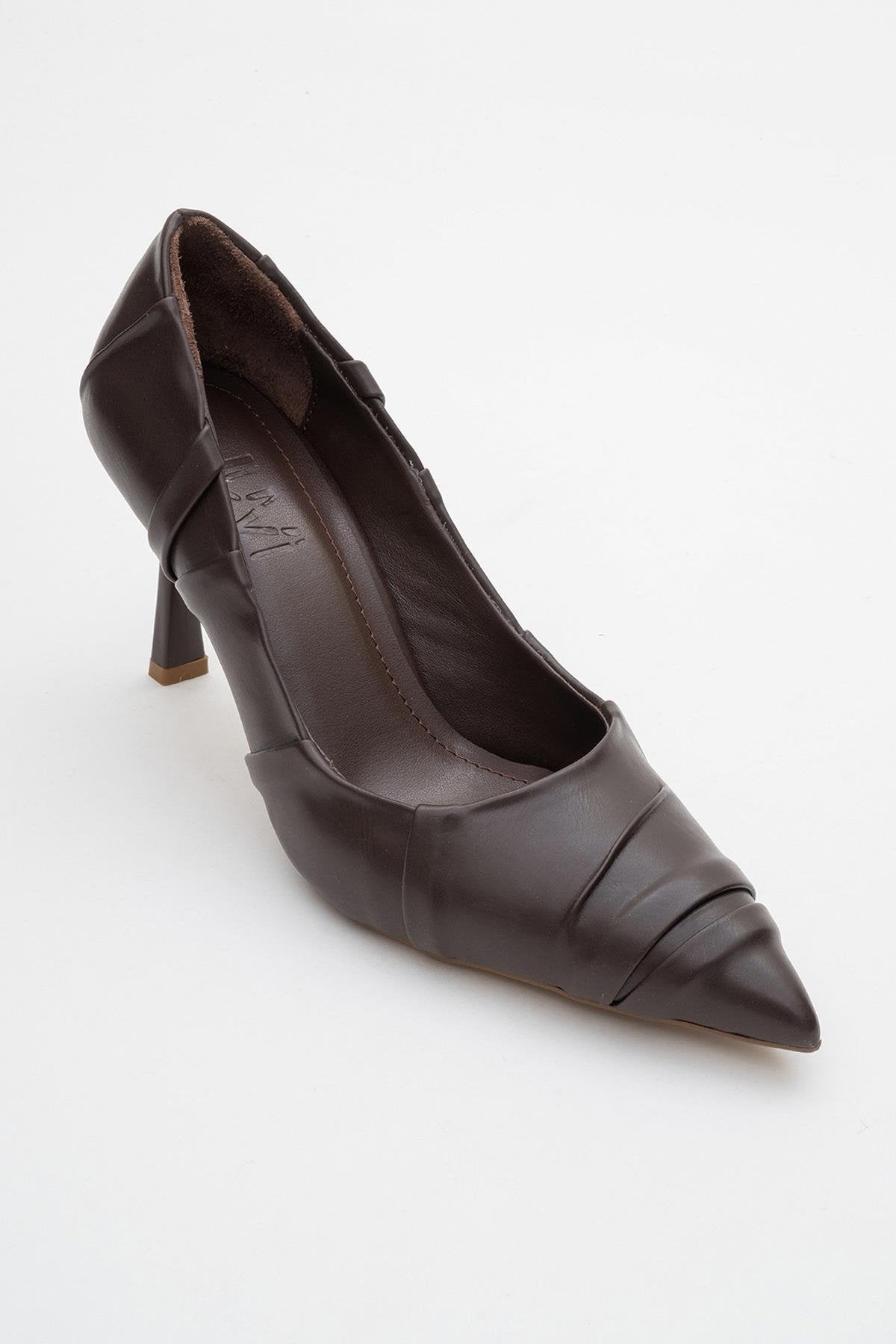Anly - Brown Stiletto – detail view showing leather, Vowalisse