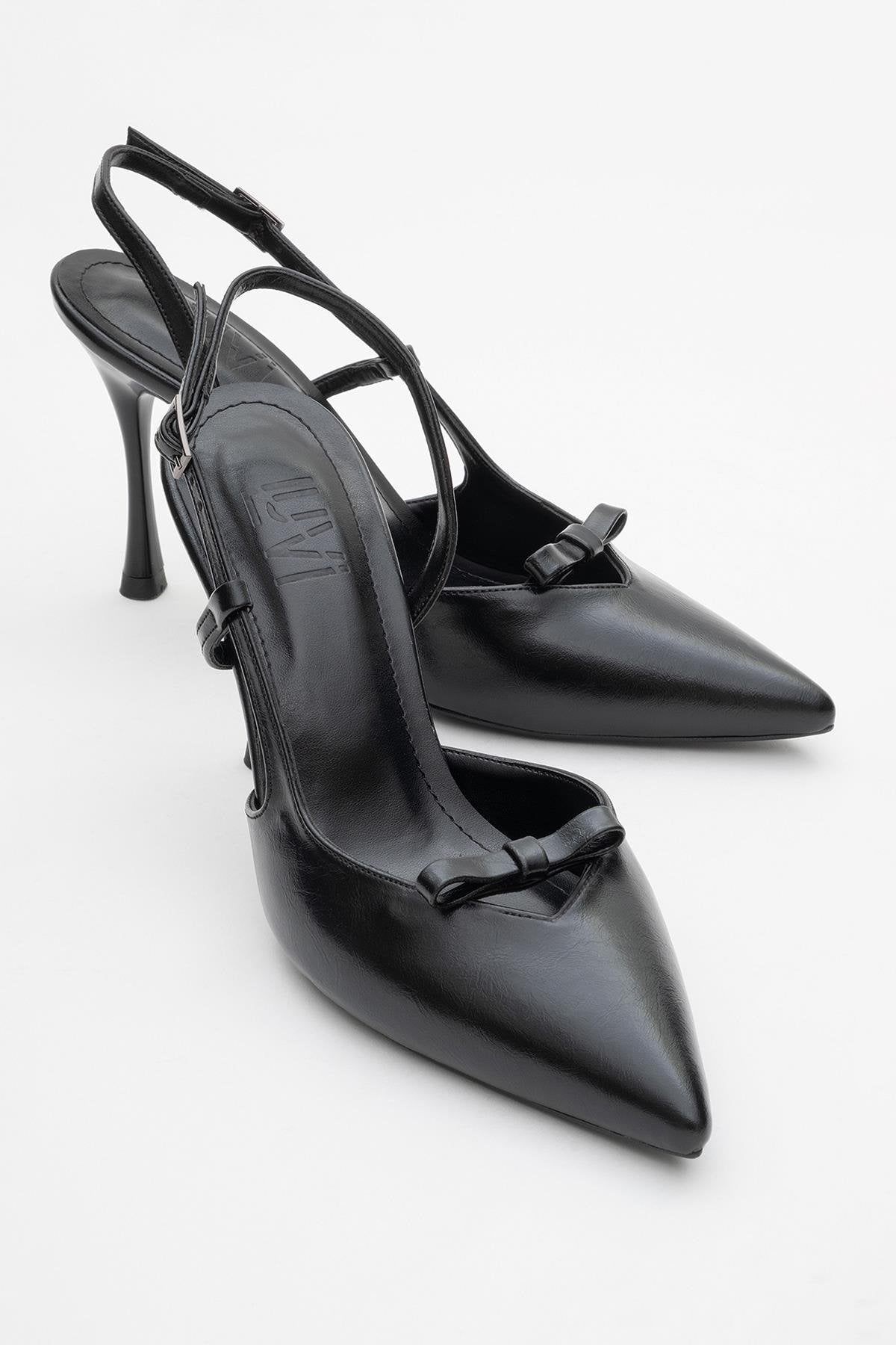 Apel - Black High Heel Shoe – front three-quarter view showing bow, leather, black, Vowalisse