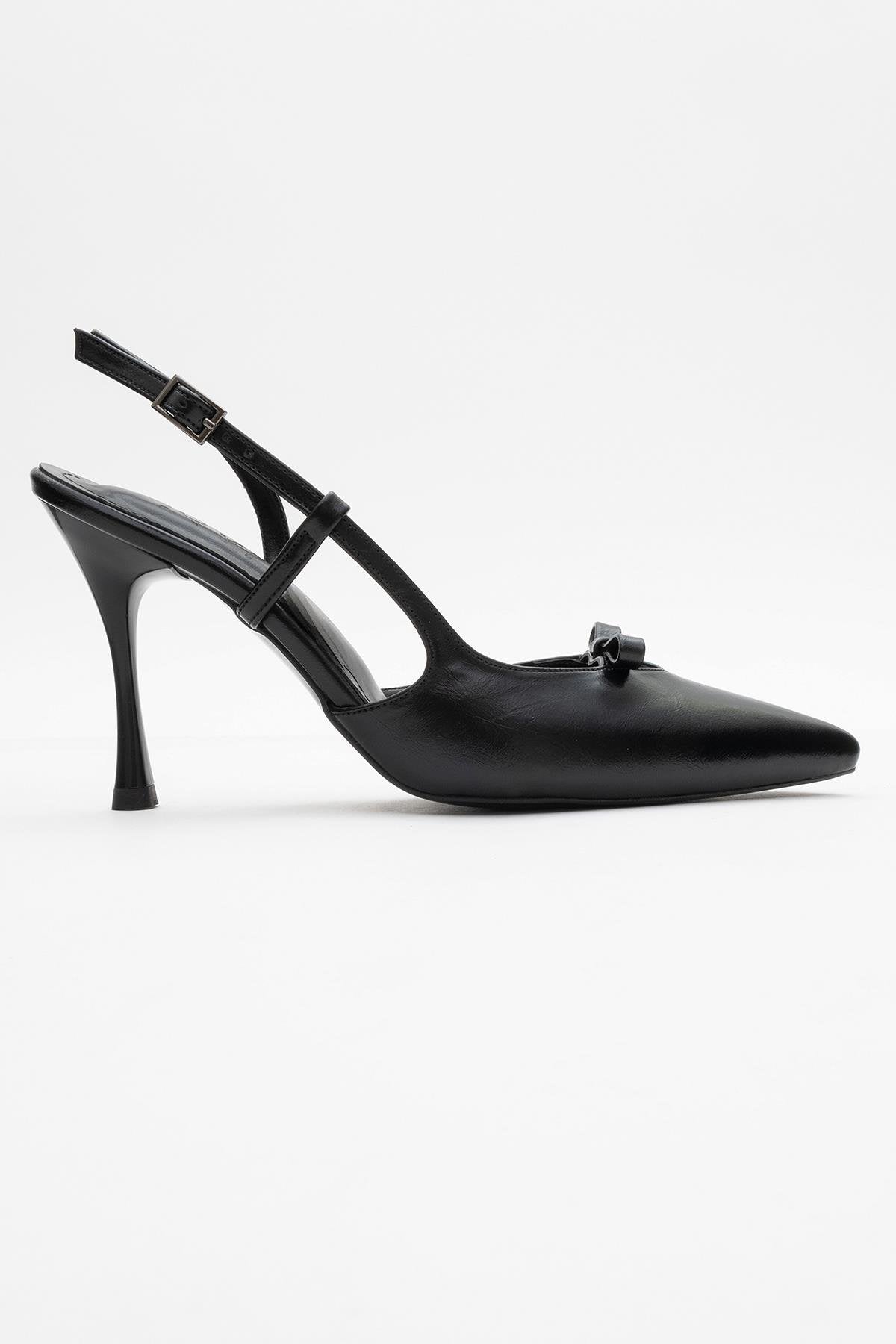 Apel - Black High Heel Shoe – top view showing bow, leather, black, Vowalisse