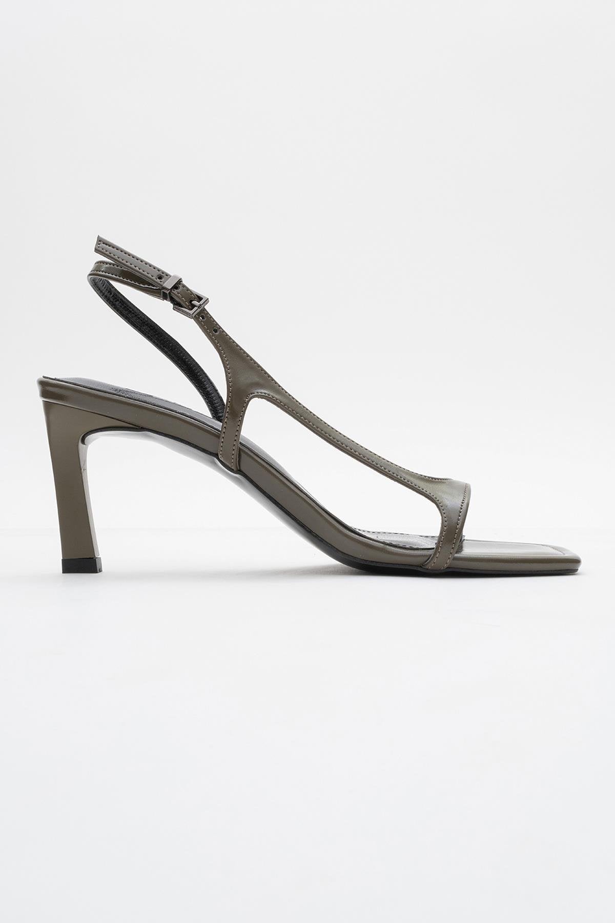Melby - Khaki Heeled Shoe – top view showing leather, Vowalisse