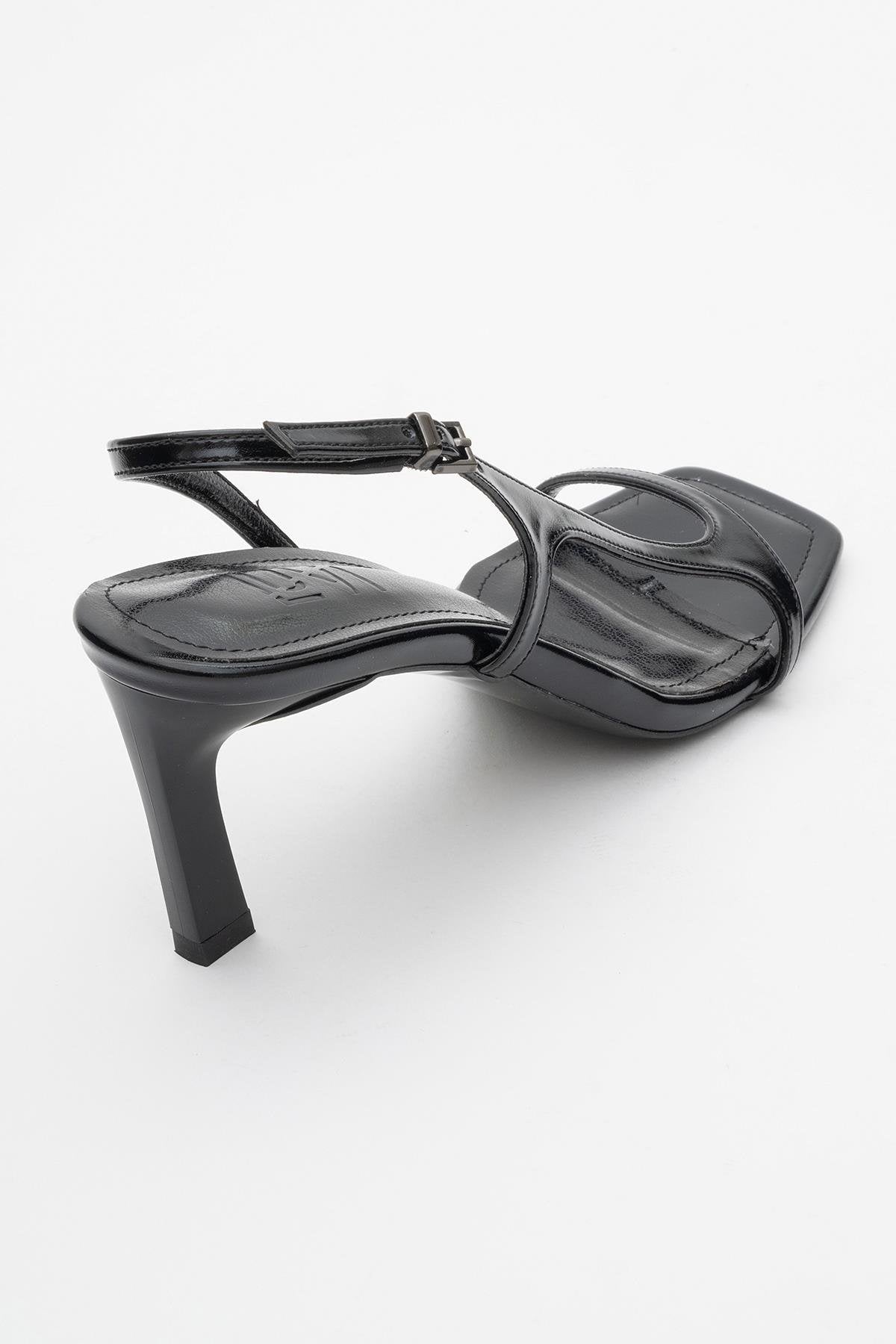 Melby - Black Heeled Shoe – heel view showing leather, black, Vowalisse