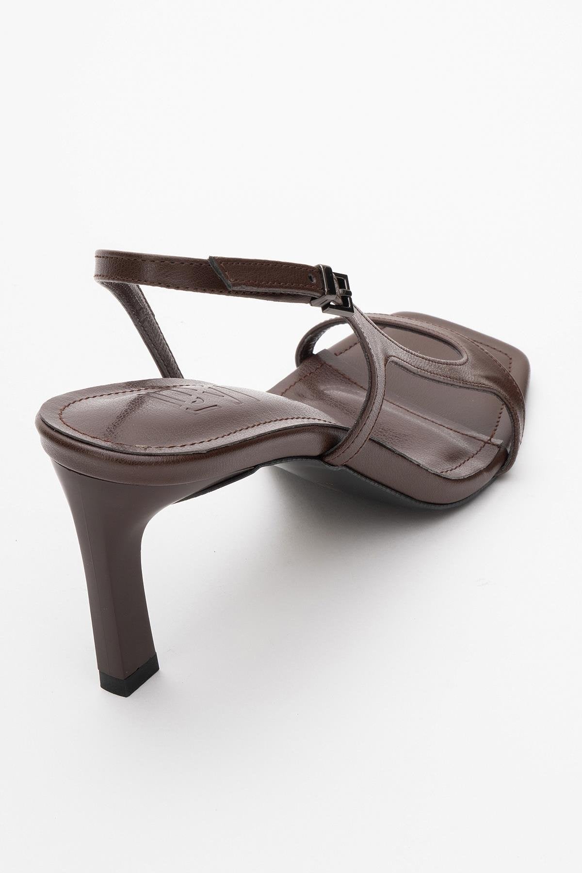 Melby - Brown Heeled Sandal – back view showing leather, Vowalisse
