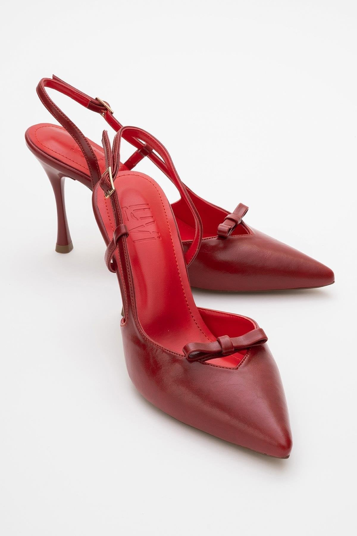 Apel - Red High Heel Shoe – front three-quarter view showing bow, leather, red, Vowalisse