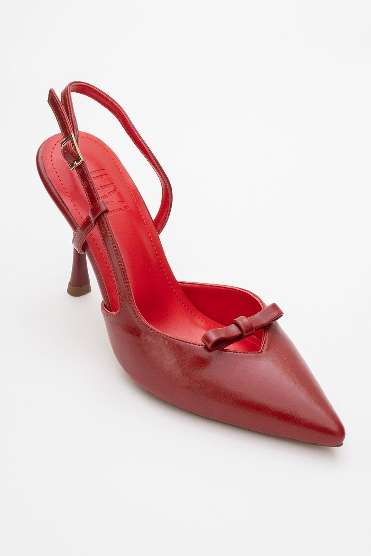 Apel - Red High Heel Shoe – detail view showing bow, leather, red, Vowalisse