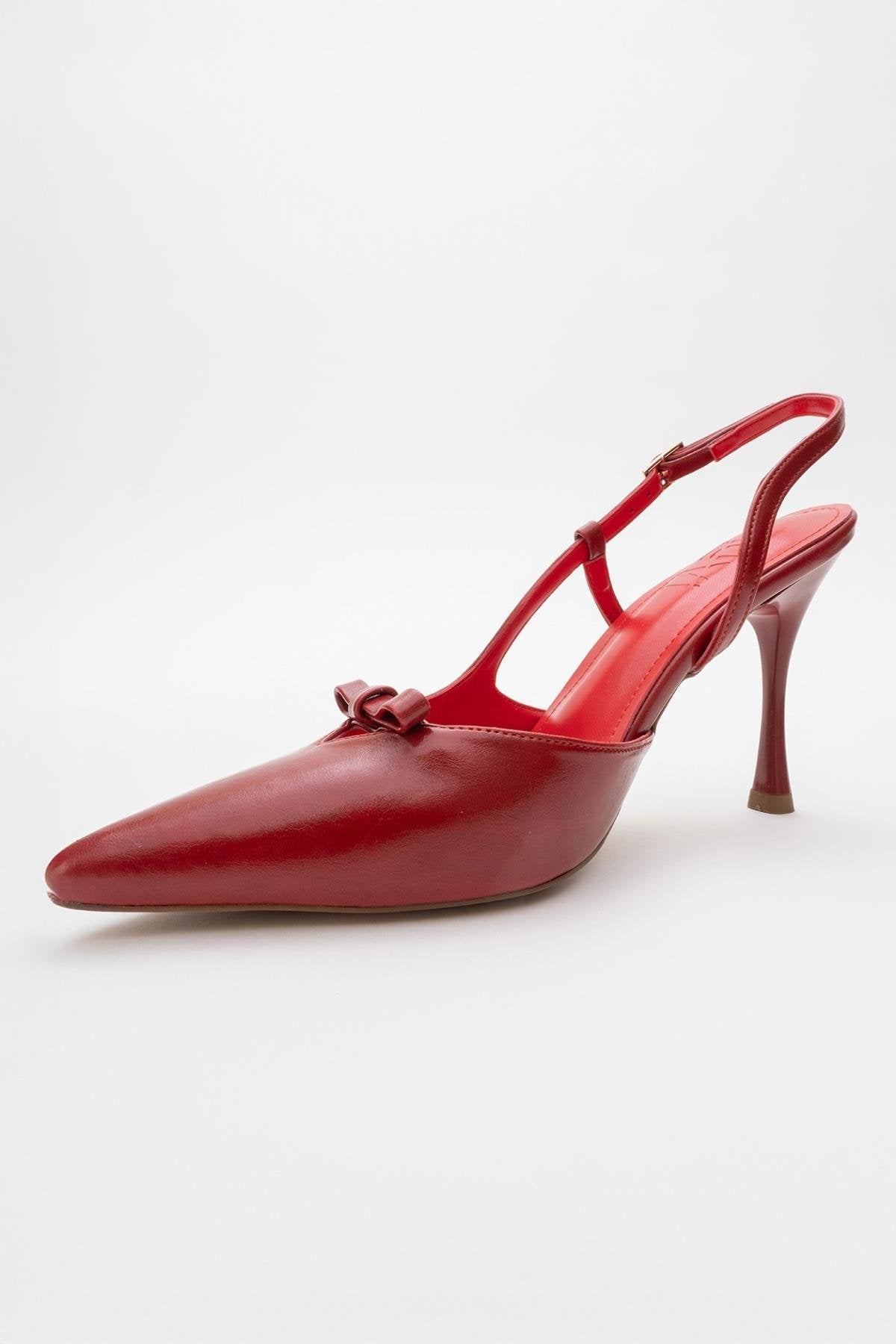 Apel - Red High Heel Shoe – heel view showing bow, leather, red, Vowalisse