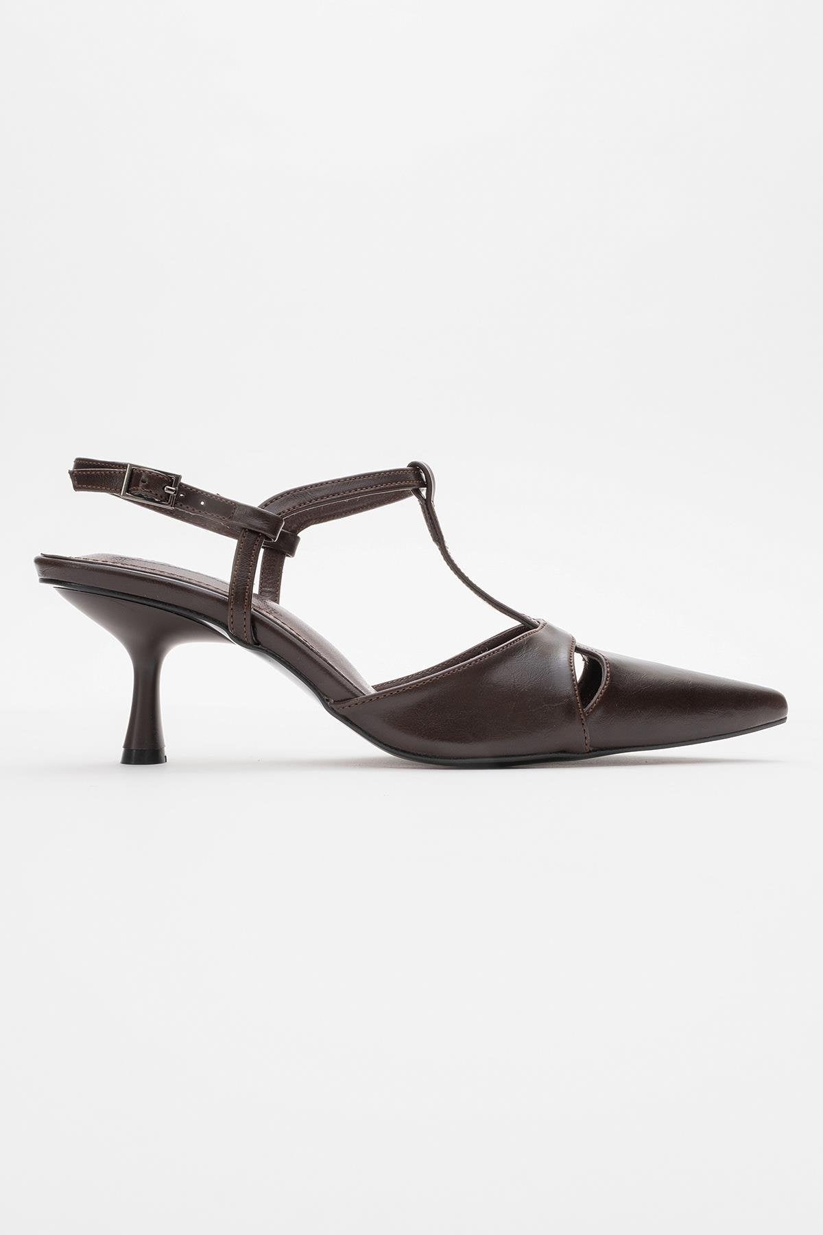 Abelia - Brown Stiletto Heel Shoe – top view showing leather, red, Vowalisse