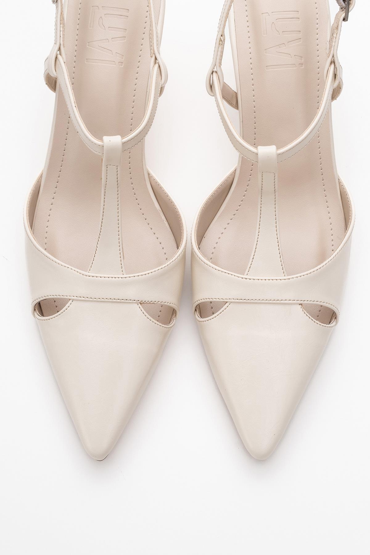 Abelia - Off-White Stiletto Heel Shoe – side view showing leather, white, Vowalisse