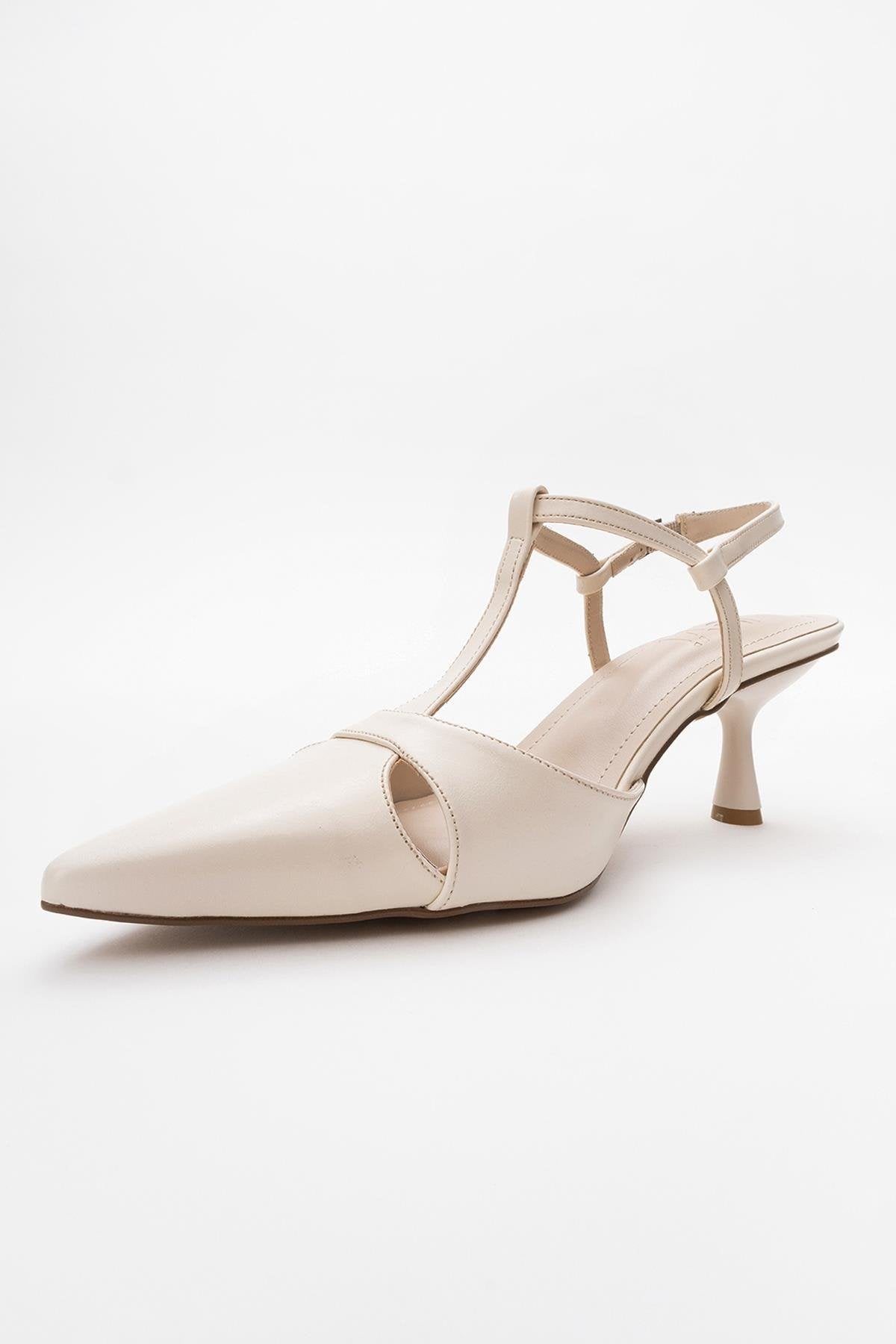 Abelia - Off-White Stiletto Heel Shoe – heel view showing leather, white, Vowalisse