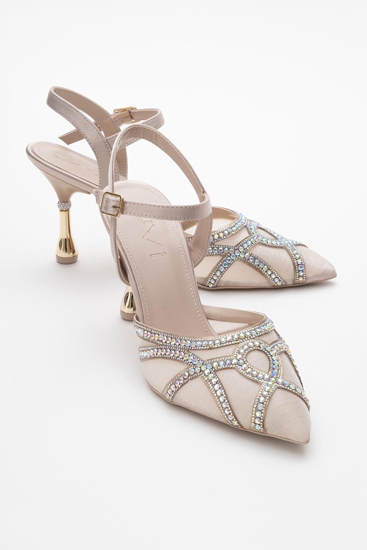 Volby - Beige Embellished Evening Shoe – front three-quarter view showing crystal, satin, leather, Vowalisse