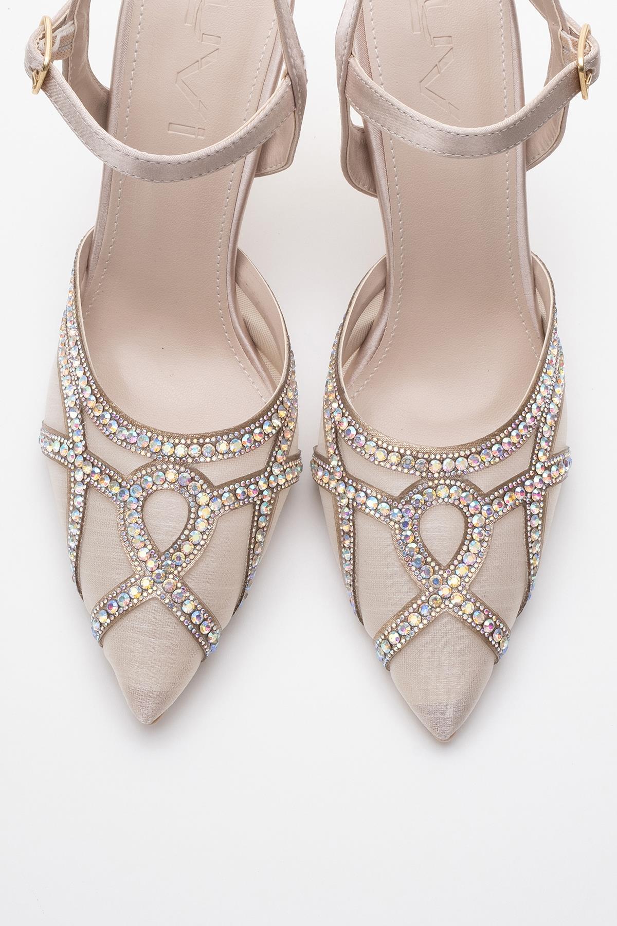 Volby - Beige Embellished Evening Shoe – side view showing crystal, satin, leather, Vowalisse